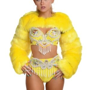 Lumi Shop Rave Outfit Sunset Meadow Yellow Faux Fur with Beaded Accents